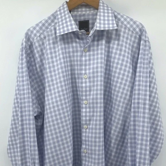 David Donahue Mens 17.5 34/35 Blue White Gingham Cotton Dress Shirt Plaid L/S - Picture 3 of 8